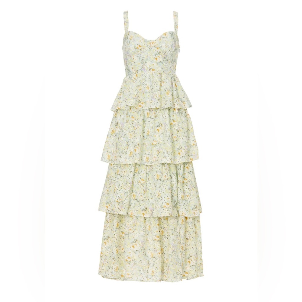 Astr Soft Yellow Floral Tiered Midi Dress